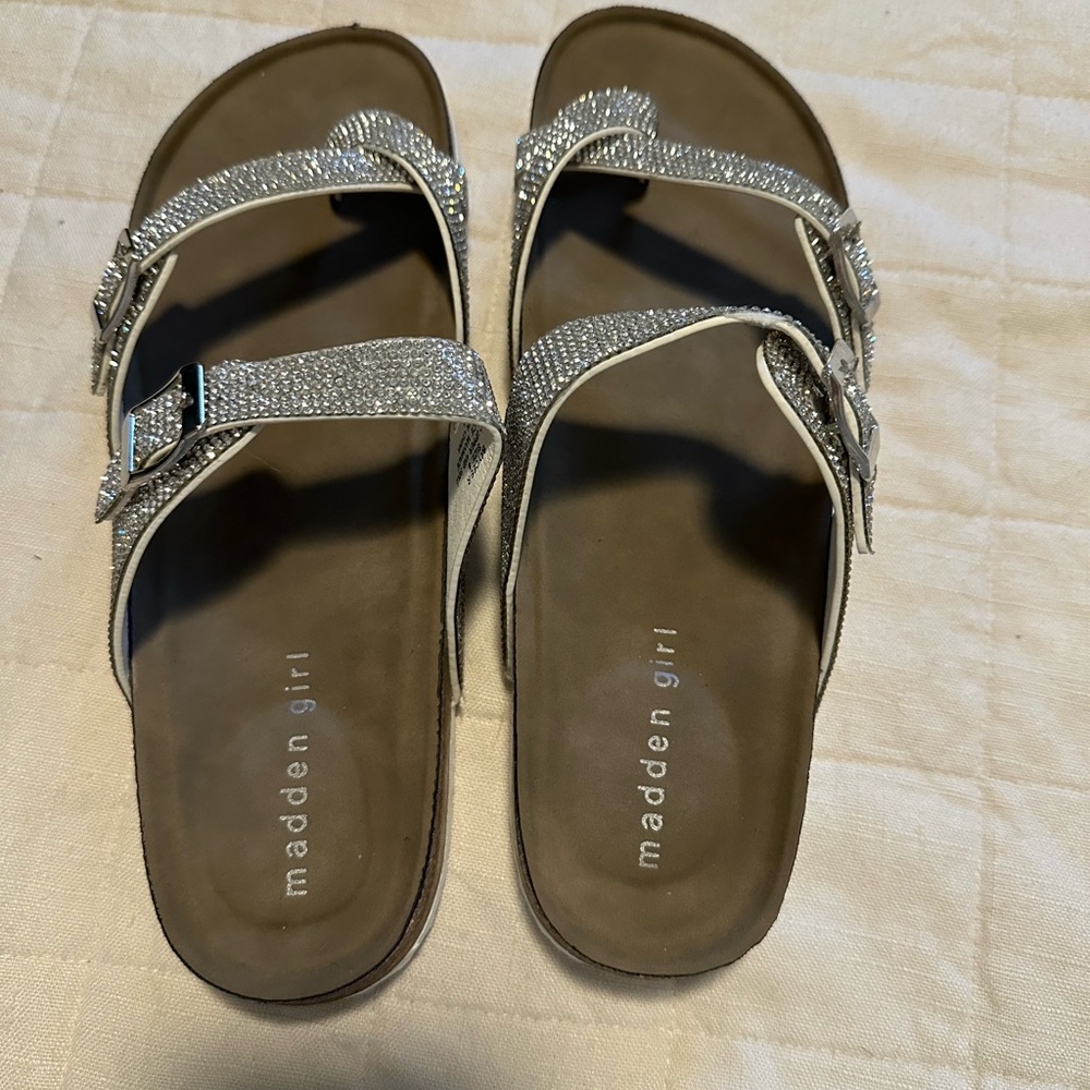 Madden Girl Birkenstock style sandals with glittery straps